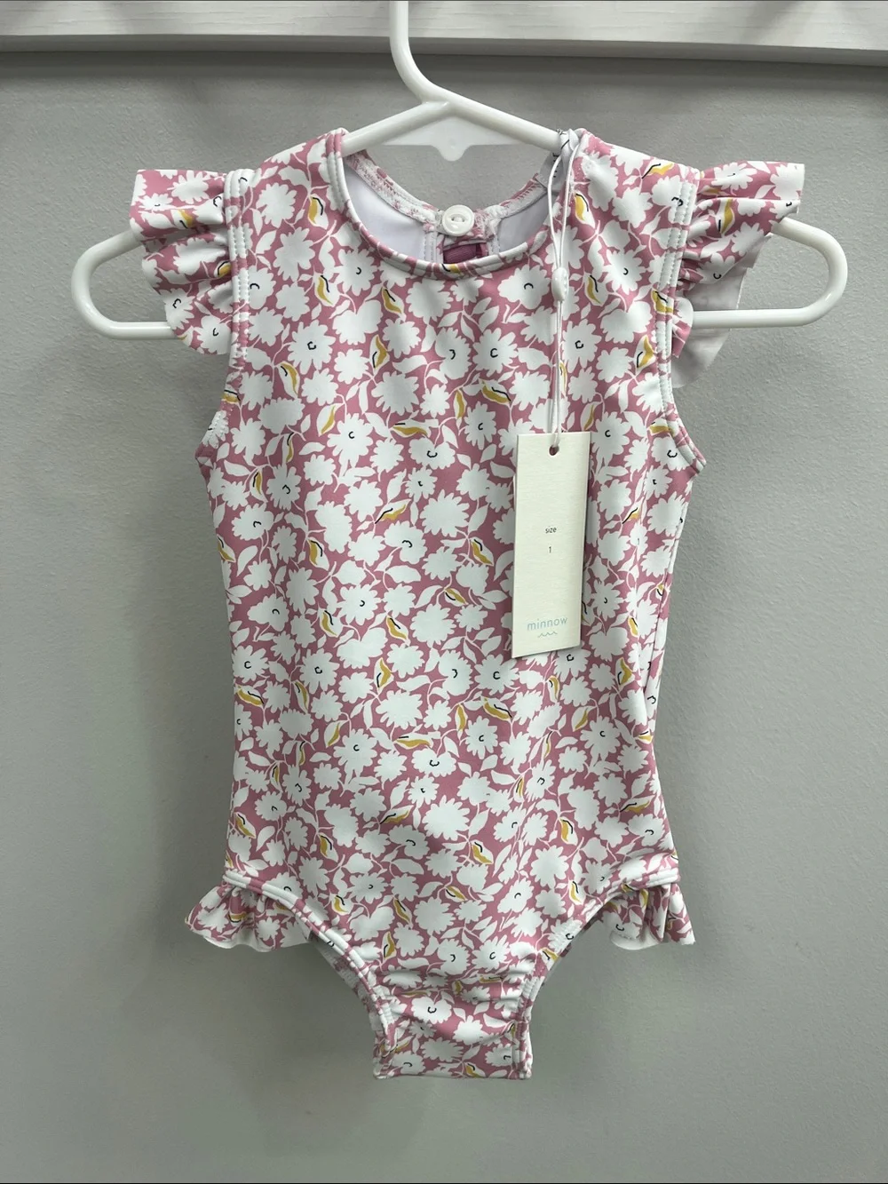 Minnow Kids Pink Floral Ruffle One-Piece Swimsuit nwt size 1y